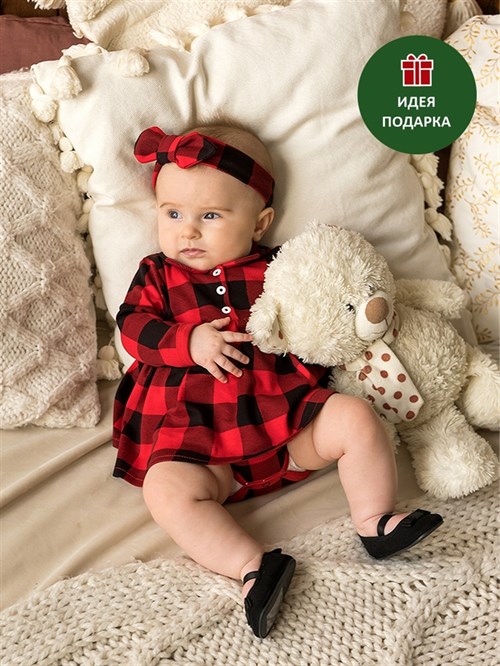 Боди детское с юбочкой и повязкой Sofuto baby Red check